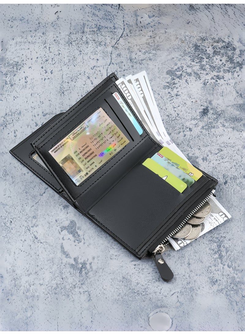 HIRAS Men's Soft PU Leather Tri-Fold Wallet with Zipper - Multi-Card Holder with Driver's License Window Wallet for Men (Black) - Image 5