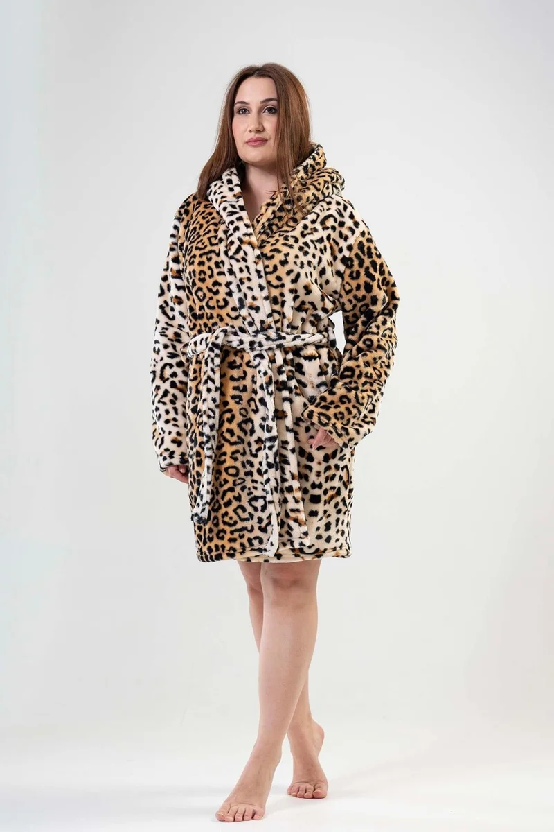 Vienetta Women's Plus Size Hooded Leopard Pattern Fleece Dressing Gown 202103-0172