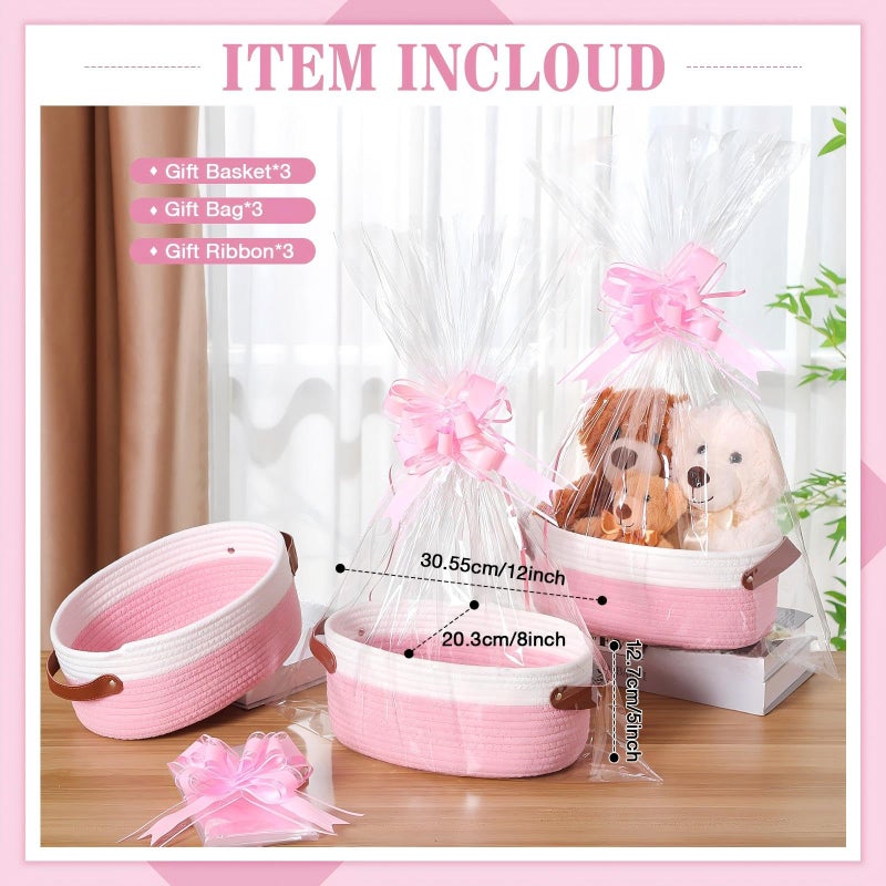Colingmill 3 Pack Valentine's Day Small Woven Basket for Gifts with Handles Clear Bags and Ribbons Empty Storage Basket Decorative Chest Box for Present Wedding(White and Pink,12"x 8"x 5") - Image 2