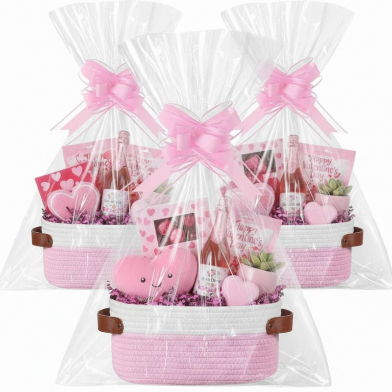 Colingmill 3 Pack Valentine's Day Small Woven Basket for Gifts with Handles Clear Bags and Ribbons Empty Storage Basket Decorative Chest Box for Present Wedding(White and Pink,12"x 8"x 5") - Image 1