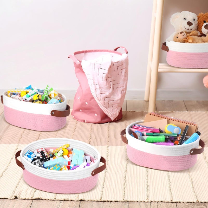 Colingmill 3 Pack Valentine's Day Small Woven Basket for Gifts with Handles Clear Bags and Ribbons Empty Storage Basket Decorative Chest Box for Present Wedding(White and Pink,12"x 8"x 5") - Image 5