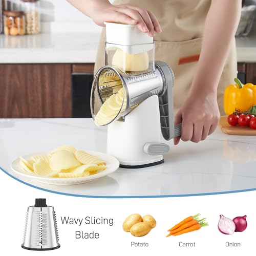 VEKAYA Cheese Grater, Cheese Grater Hand Crank, 4 Interchangeable Blades Cheese Shredder, Vegetable Slicer, Non-slip Suction Base, Easy to Clean Rotary Grater with Handle (White Grey) - Image 5