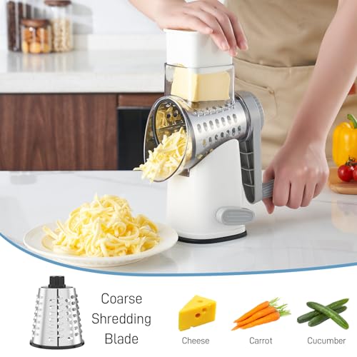 VEKAYA Cheese Grater, Cheese Grater Hand Crank, 4 Interchangeable Blades Cheese Shredder, Vegetable Slicer, Non-slip Suction Base, Easy to Clean Rotary Grater with Handle (White Grey) - Image 3