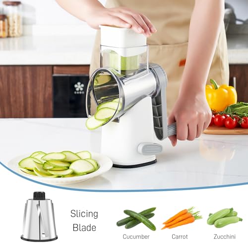 VEKAYA Cheese Grater, Cheese Grater Hand Crank, 4 Interchangeable Blades Cheese Shredder, Vegetable Slicer, Non-slip Suction Base, Easy to Clean Rotary Grater with Handle (White Grey) - Image 4