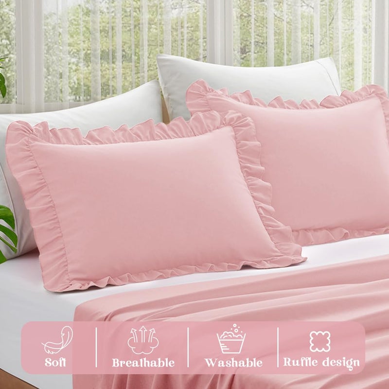KKJIAF Ruffle Pillow Cases Standard Size Set of 2, Ruffled Pillow Covers with Envelope Closure, Wrinkle Resistant Pillowcases 20" x 26", Ruffled Pillow Shams, Light Pink - Image 4