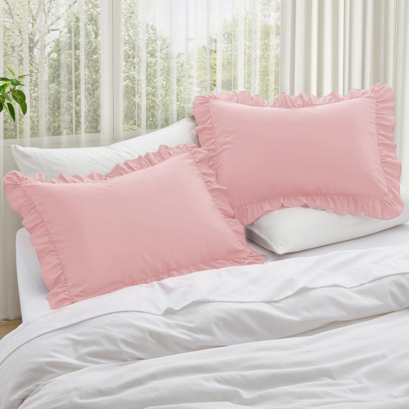 KKJIAF Ruffle Pillow Cases Standard Size Set of 2, Ruffled Pillow Covers with Envelope Closure, Wrinkle Resistant Pillowcases 20" x 26", Ruffled Pillow Shams, Light Pink - Image 2