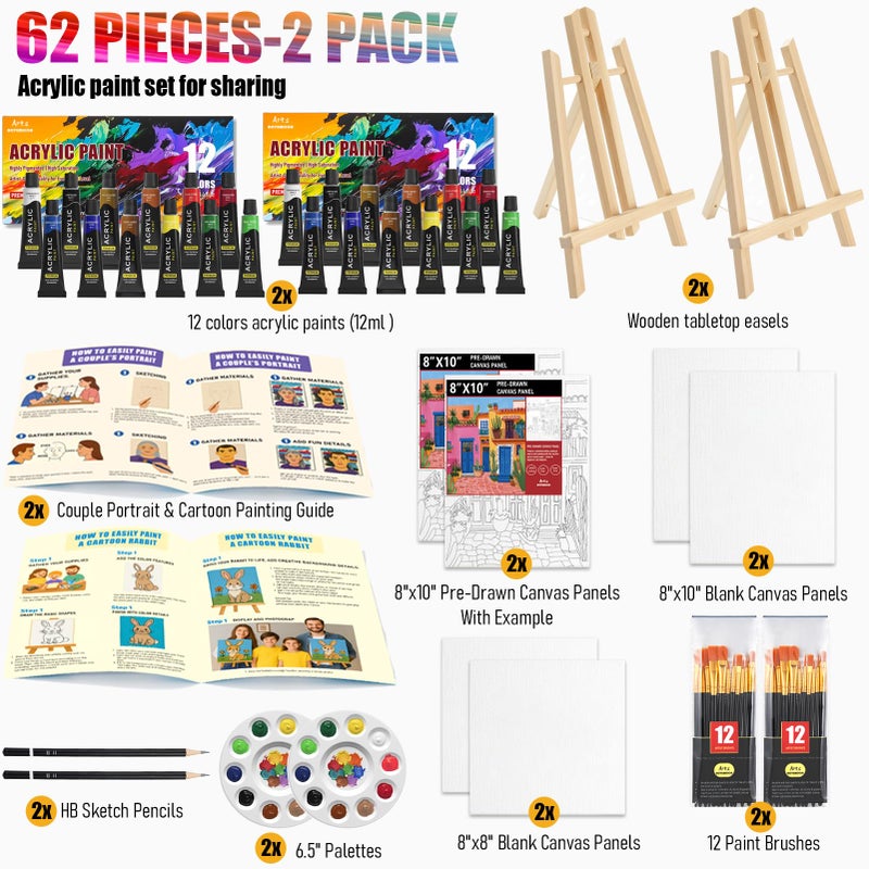AOTEMOON 2 Pack Painting Set for Couples or Family Groups, 62 PCS Paint Set with 2 Table Easels,24 Acrylic Paints,6 Pre-Drawn & Blank Canvases for Painting,24 Brushes,2 Pencils,2 Palettes and Painting Guides - Image 2