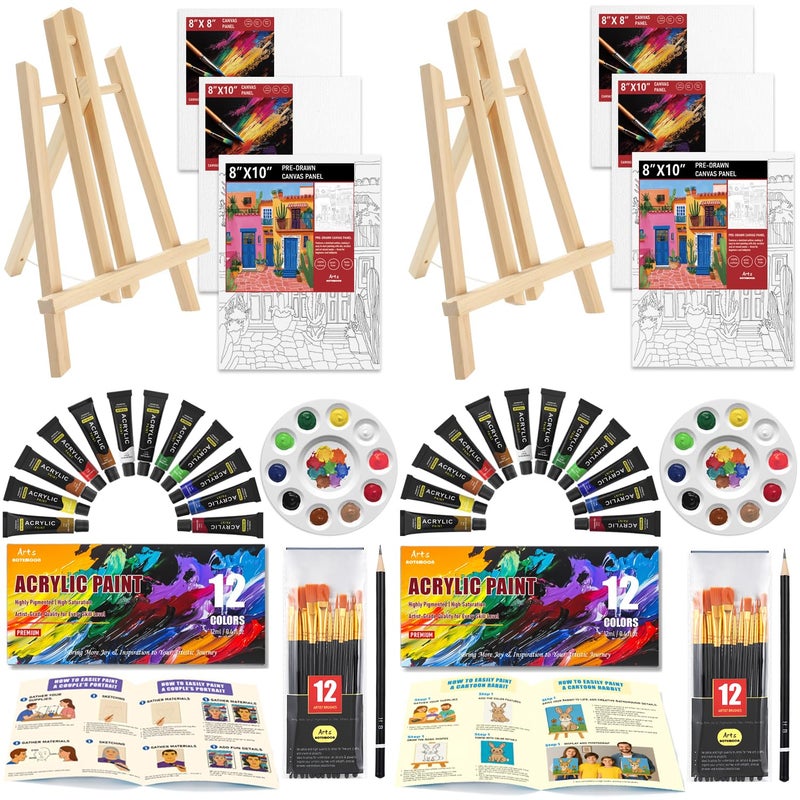 AOTEMOON 2 Pack Painting Set for Couples or Family Groups, 62 PCS Paint Set with 2 Table Easels,24 Acrylic Paints,6 Pre-Drawn & Blank Canvases for Painting,24 Brushes,2 Pencils,2 Palettes and Painting Guides - Image 1