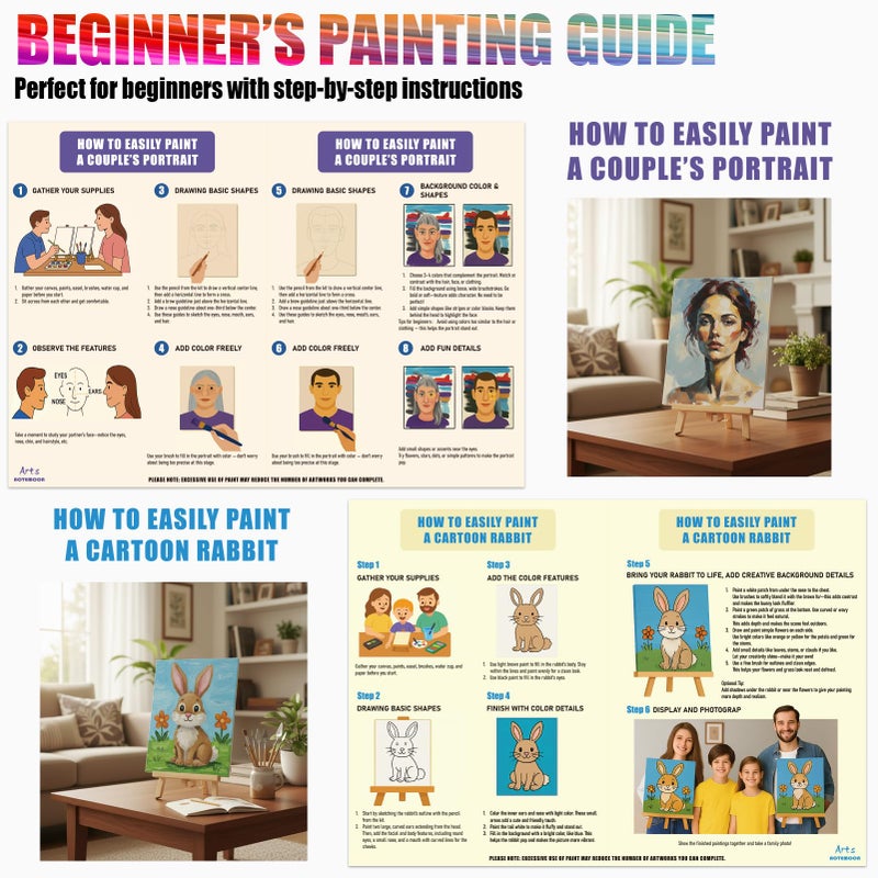 AOTEMOON 2 Pack Painting Set for Couples or Family Groups, 62 PCS Paint Set with 2 Table Easels,24 Acrylic Paints,6 Pre-Drawn & Blank Canvases for Painting,24 Brushes,2 Pencils,2 Palettes and Painting Guides - Image 3