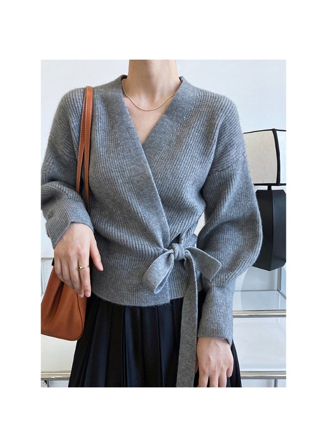 NIBEMINENT Fashion V-Neck Knitted Cardigan For Women Casual Lantern Sleeve Lace-Up Lady Sweater Comfortable Elegant Lady Knitwear Tops