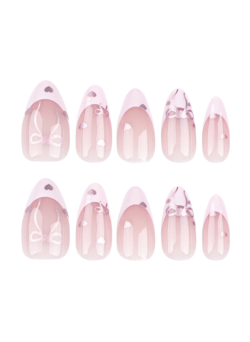 JOSQUEWNN French Tip Press on Nails,Wearing Nails, French Pink Nail Art, Bow, Love Fake Nails,Fake Acrylic Nails With Glue Kit.  - Image 3