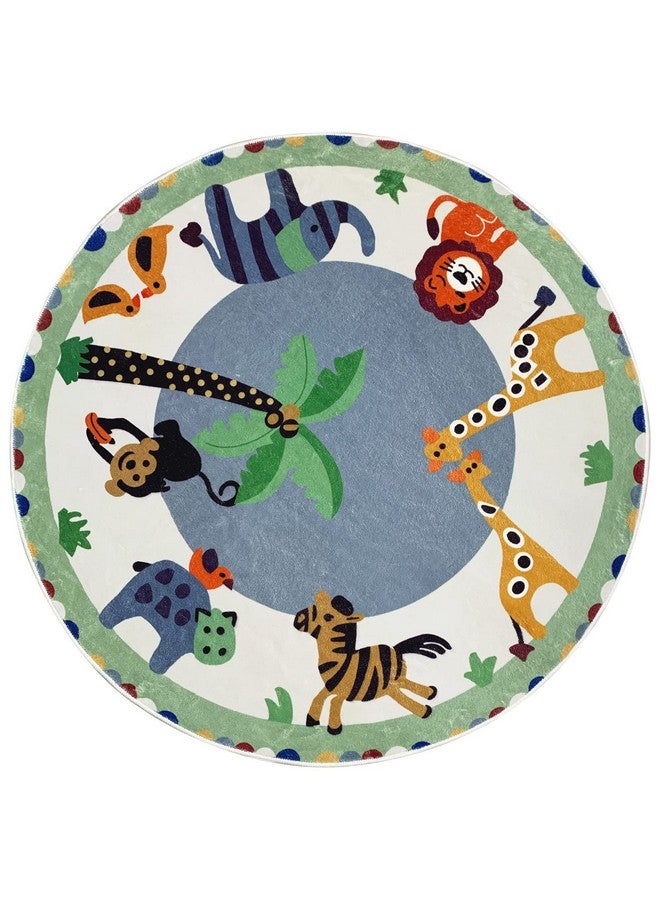 USTIDE Animals Kids Rug Round 4FT, Green Cartoon Play Mat Kids Crawling Area Rug Soft and Non-Slip Carpet for Nursery Playroom Children Bedroom Living Room Decor - Image 2