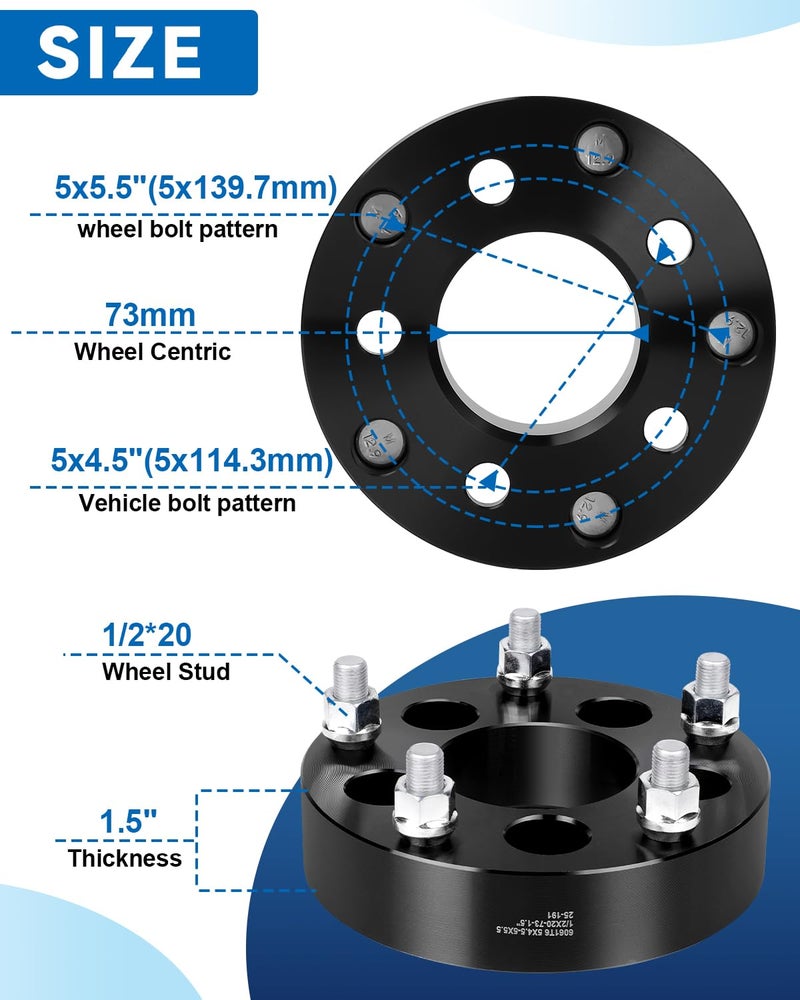 EZISOE 5x4.5 to 5x5.5 Wheel Adapters Change Bolt Pattern, 1.5 Inch Conversion 5x114.3 to 5x139.7 Wheel Adapters Spacers 73mm hub core with 1/2 Studs for Wrangler Cherokee Libetry Explorer Ranger Edge - Image 2