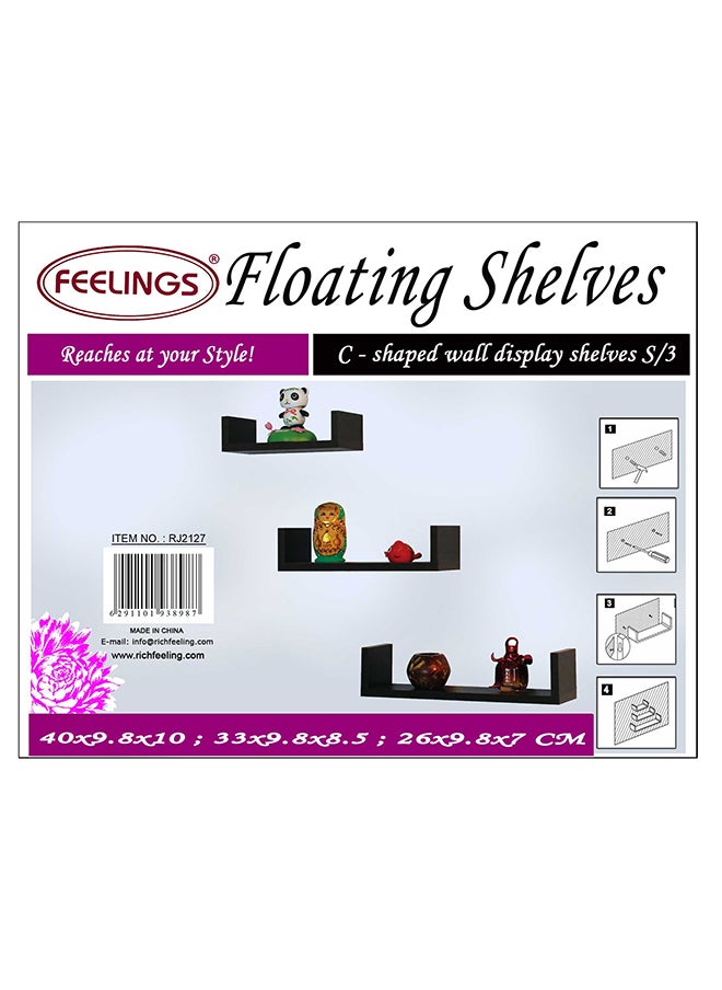 Feelings - Floating Wall Shelves C-Shape Square Edge 3Pcs Set Black,  Size: 26X9.8X70Cm/ 33X9.8X8.50Cm /40X9.8X10Cm - Image 1
