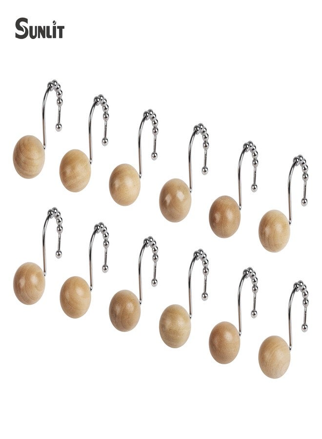 Sunlit Boho Wood Beads Decorative Shower Curtain Hooks, Shower Curtain Rings with Roller Balls, Farmhouse Bathroom Decoration Curtain Hangers Accessories, Set of 12, Natural - Image 4