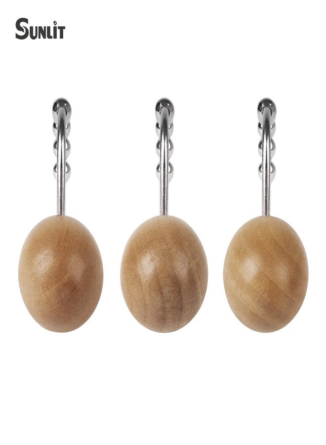Sunlit Boho Wood Beads Decorative Shower Curtain Hooks, Shower Curtain Rings with Roller Balls, Farmhouse Bathroom Decoration Curtain Hangers Accessories, Set of 12, Natural - Image 2
