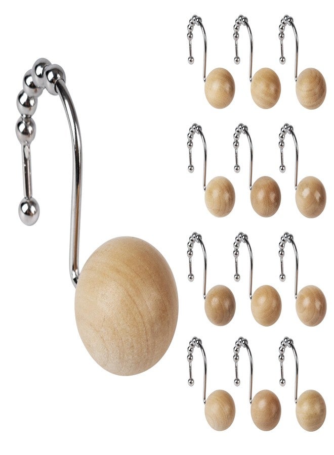 Sunlit Boho Wood Beads Decorative Shower Curtain Hooks, Shower Curtain Rings with Roller Balls, Farmhouse Bathroom Decoration Curtain Hangers Accessories, Set of 12, Natural - Image 1