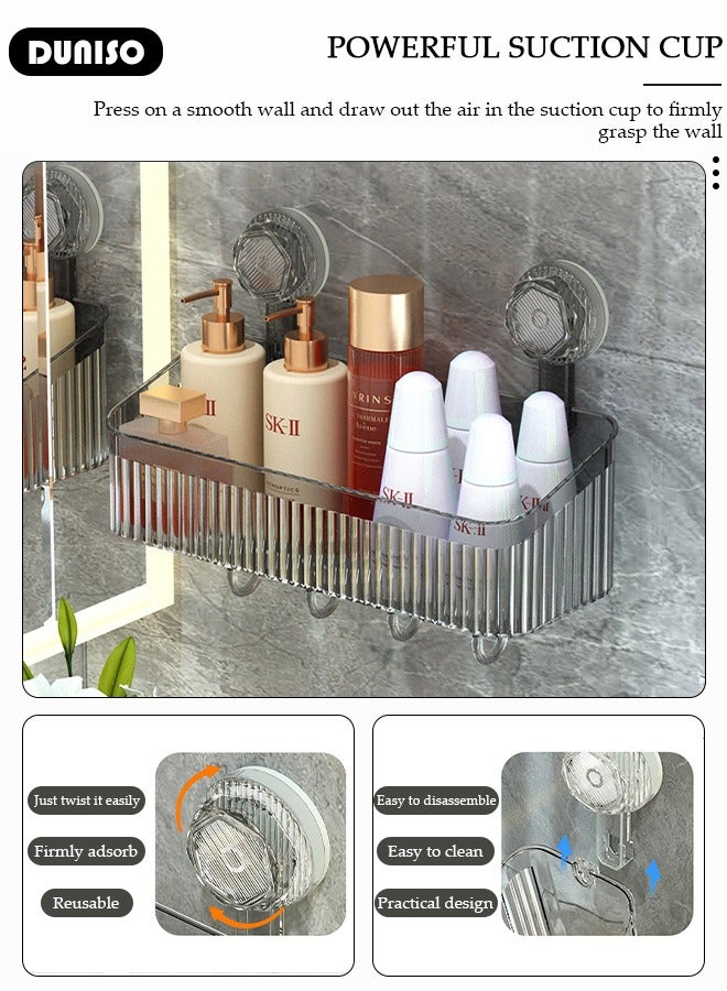 DUNISO Vacuum Shower Caddy Suction Cup, No-Drilling Removable Waterproof Bathroom Shower Organizer, Wall Mounted Shower Rack with Hooks, Removable Shower Basket for Shampoo Conditioner Razors Soap  - Image 2