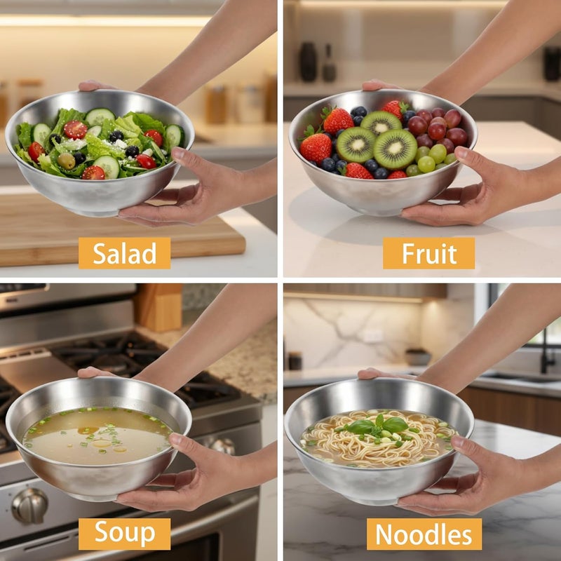Molain 2 Pcs 54oz Large Double Walled Insulated Ramen Bowls, 304 Stainless Steel Salad Bowls Silver Soup Noodle Serving Bowl for Pasta Fruit Ice Cream Dishwasher Safe - Image 5