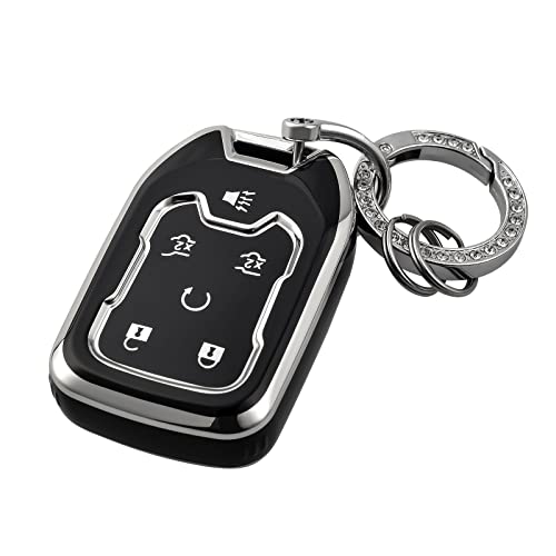OFFCURVE Key Fob Cover with Keychain for GMC YukonYukon XL Terrain Acadia Sierra Key Fob Case for Chevy Chevrolet Suburban Tahoe Car Accessories Smart 6 Buttons Key Protector Black