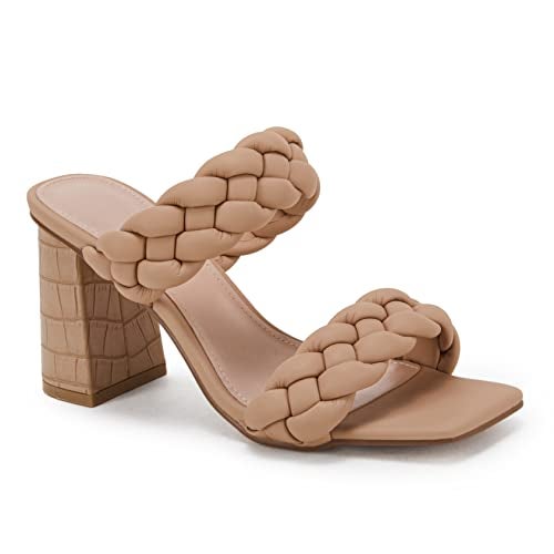 Syktkmx Womens Braided Heels Sandals Chunky Block Heel Double Strap Summer Dressy Sandal, Khaki, Size 8 - Image 1