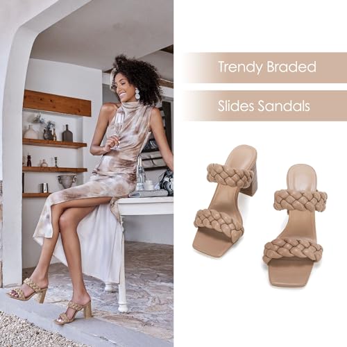 Syktkmx Womens Braided Heels Sandals Chunky Block Heel Double Strap Summer Dressy Sandal, Khaki, Size 8 - Image 4