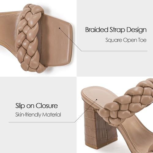Syktkmx Womens Braided Heels Sandals Chunky Block Heel Double Strap Summer Dressy Sandal, Khaki, Size 8 - Image 3