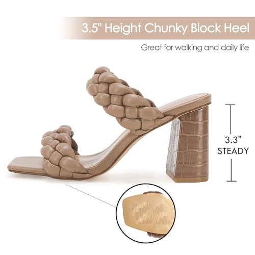 Syktkmx Womens Braided Heels Sandals Chunky Block Heel Double Strap Summer Dressy Sandal, Khaki, Size 8 - Image 2