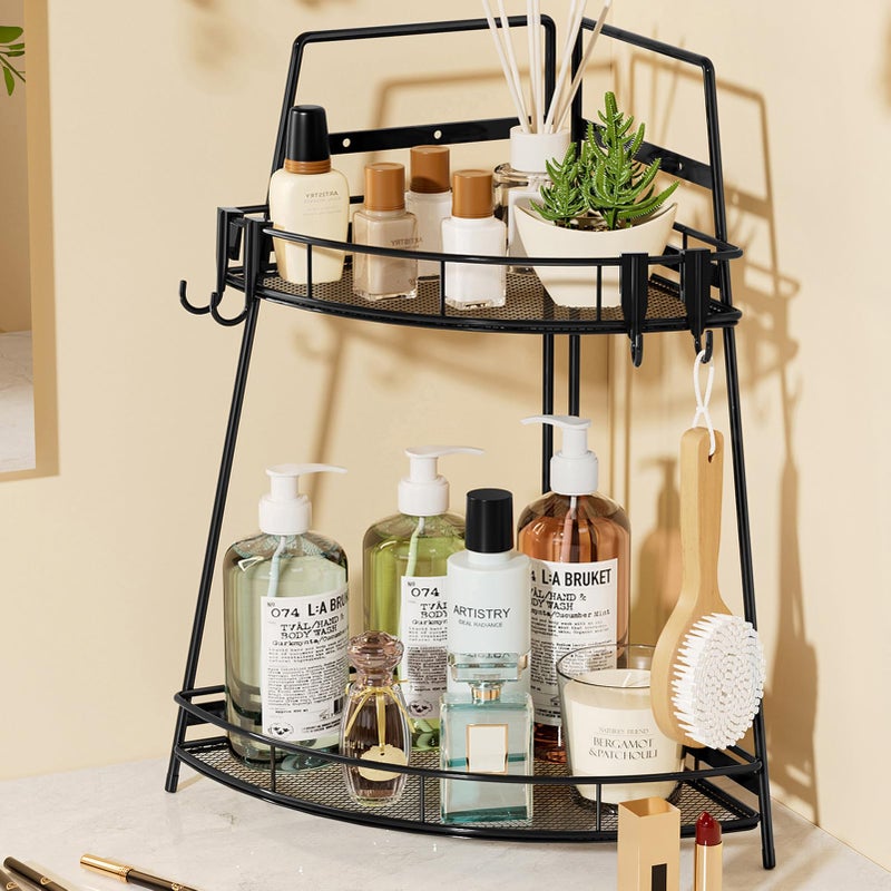VITVITI 2 Tier Corner Bathroom Counter Organizer Metal Bathroom Countertop Organizer Shelf Storage Bath Room Sink Makeup Organizers for Vanity Perfume Skincare with Hooks Black