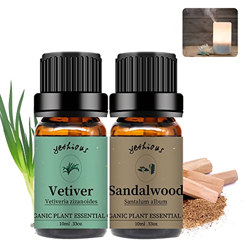yethious Sandalwood Vetiver Essential Oil Set 100% Pure Organic Undiluted Aromatherapy Oils for Diffuser, Skin, Hair, Perfume, Soap, Candle Making 2 x 10ML - Image 1