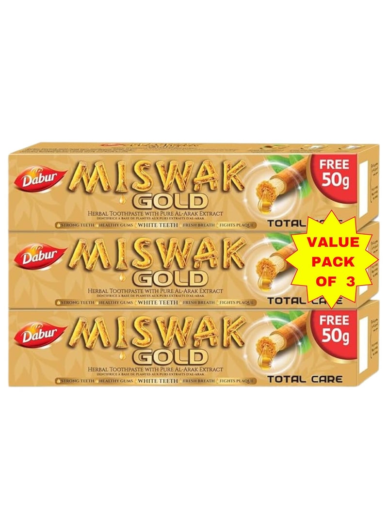 Dabur Miswak Gold Total Care Toothpaste & Toothbrush 3x170g | Formulated With Pure Extracts Of Al Arak | For Healthy Gums & Strong Teeth 