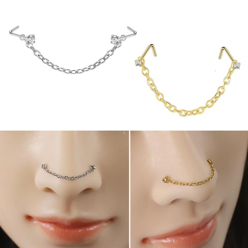 GingYing Nose Rings Studs: 5Pcs Nose Chain and 2Pcs 20G L Shaped Nose Studs with 3mm CZ Set Hypoallergenic Surgical Steel Perfect for Double Nose Piercing Dainty Nostril Bridge Jewelry for Women and Men - Image 2