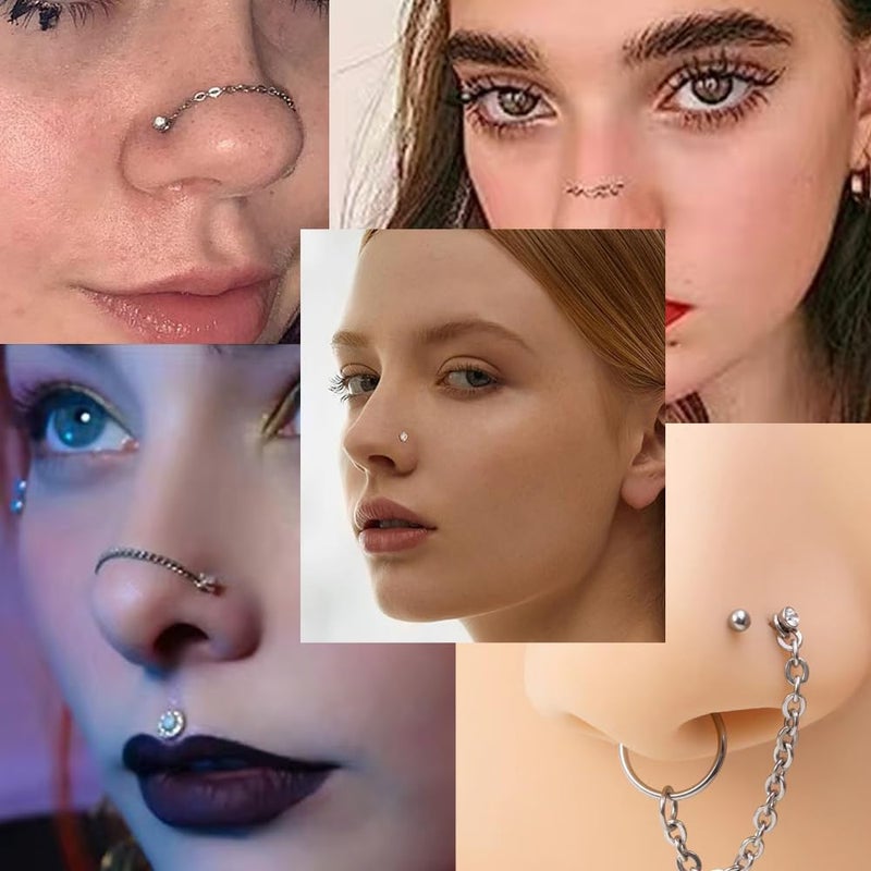 GingYing Nose Rings Studs: 5Pcs Nose Chain and 2Pcs 20G L Shaped Nose Studs with 3mm CZ Set Hypoallergenic Surgical Steel Perfect for Double Nose Piercing Dainty Nostril Bridge Jewelry for Women and Men - Image 3