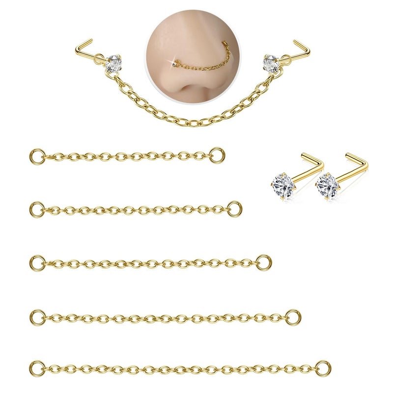 GingYing Nose Rings Studs: 5Pcs Nose Chain and 2Pcs 20G L Shaped Nose Studs with 3mm CZ Set Hypoallergenic Surgical Steel Perfect for Double Nose Piercing Dainty Nostril Bridge Jewelry for Women and Men - Image 1