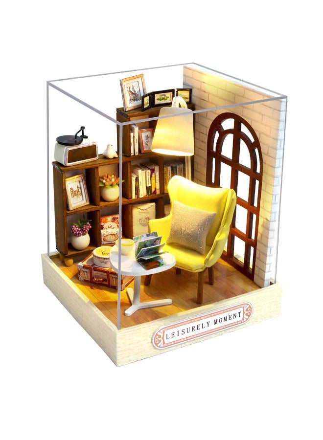 Dollhouse Miniature with Furniture Kit, DIY 3D Wooden DIY House Kit with Dust Cover,Handmade Tiny House Toys for Teens Adults Gift (Leisurely Moment) - Image 1