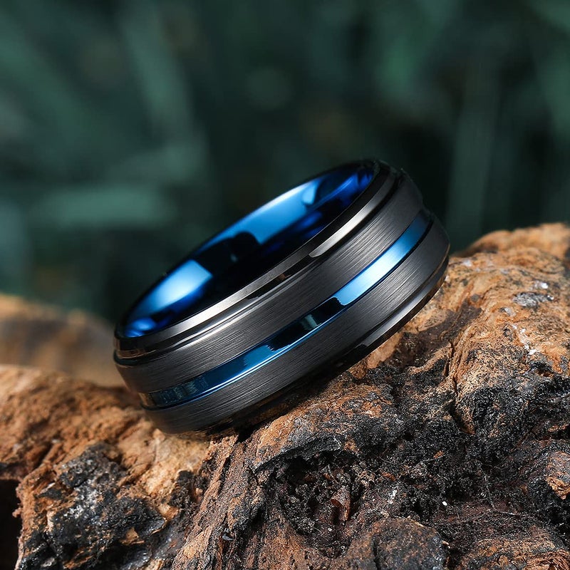 King Will Tungsten Carbide Wedding Band for Men Women-8mm Blue with Grooved Center Wedding Ring Beveled Stepped Edge Suitable for Work, Gym Comfort Fit Size 7.5 - Image 2