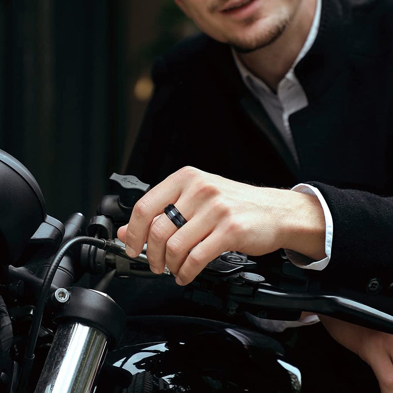 King Will Tungsten Carbide Wedding Band for Men Women-8mm Blue with Grooved Center Wedding Ring Beveled Stepped Edge Suitable for Work, Gym Comfort Fit Size 7.5 - Image 5