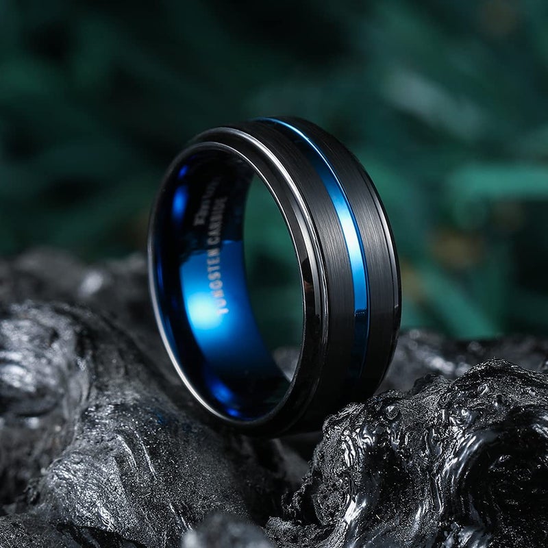 King Will Tungsten Carbide Wedding Band for Men Women-8mm Blue with Grooved Center Wedding Ring Beveled Stepped Edge Suitable for Work, Gym Comfort Fit Size 7.5 - Image 3