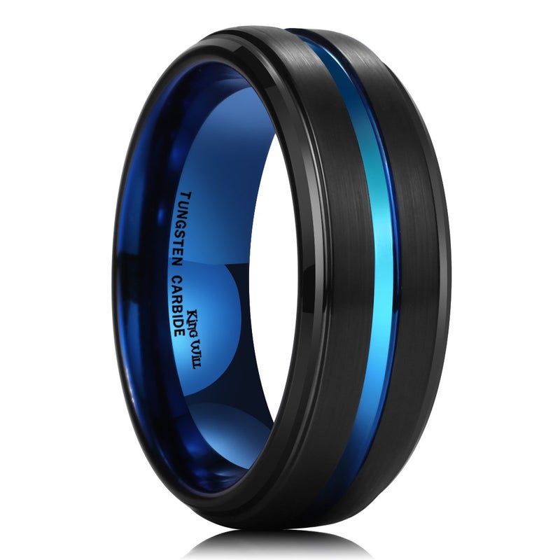 King Will Tungsten Carbide Wedding Band for Men Women-8mm Blue with Grooved Center Wedding Ring Beveled Stepped Edge Suitable for Work, Gym Comfort Fit Size 7.5 - Image 1