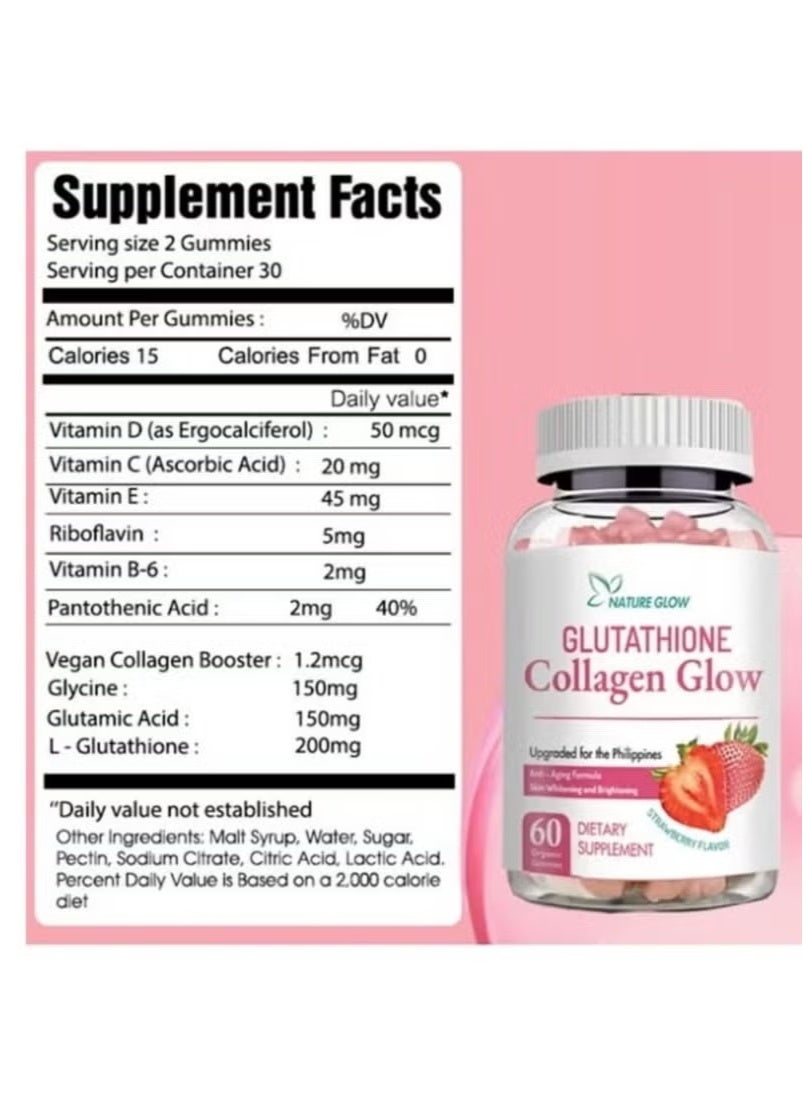 NATURE GLOW Nature Glow Glutathione Collagen Glow Gummies - Strawberry Flavor - 60 Vegan Pieces - Skin Support, Anti-Aging, Brightening, Vitamin C & E | Best Price Kuwait