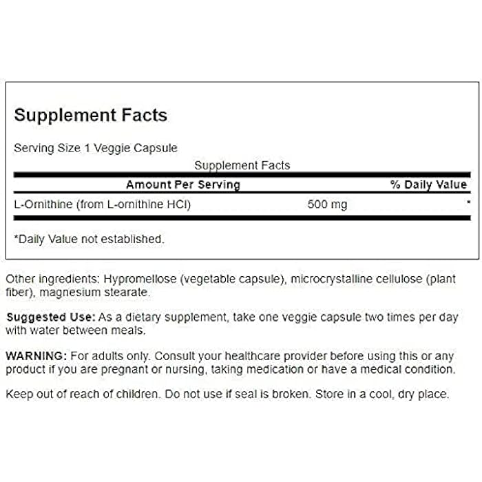 Swanson L-Ornithine Amino Acid 500 Milligrams 60 Veg Capsules - Image 2