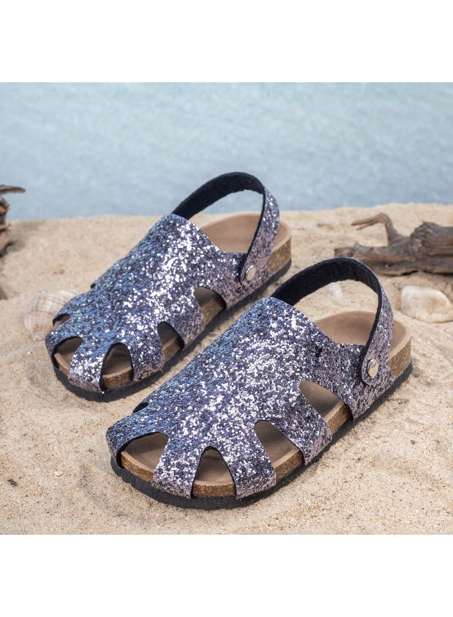 024 Summer New Baotou Hollow Sequin Breathable Sandals Flat Plaid Casual Cork Shoes For Boys And Girls