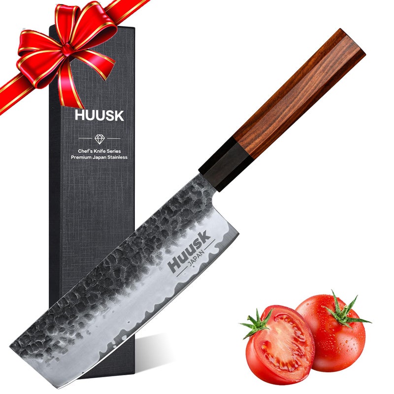 Huusk Knives from Japan, Nakiri Knife Japanese, 7 Inch Vegetable Cleaver, Hand Forged Kitchen Knives, High Carbon Steel Cooking Chef Knife with Gift Box, Christmas Gifts for Men Women - Image 1