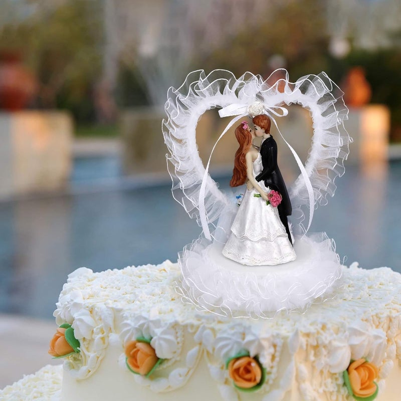 comfrt Wedding Cake Topper Bride Groom Figurines Party Heart Shaped Lace Cake Topper Holiday Party Decorations for Valentines Day Wedding Baby Shower Dessert Decor White - Image 3