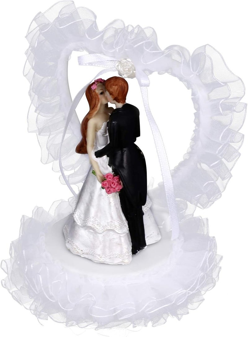 comfrt Wedding Cake Topper Bride Groom Figurines Party Heart Shaped Lace Cake Topper Holiday Party Decorations for Valentines Day Wedding Baby Shower Dessert Decor White - Image 1