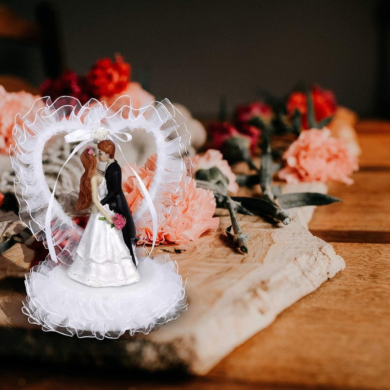 comfrt Wedding Cake Topper Bride Groom Figurines Party Heart Shaped Lace Cake Topper Holiday Party Decorations for Valentines Day Wedding Baby Shower Dessert Decor White - Image 2