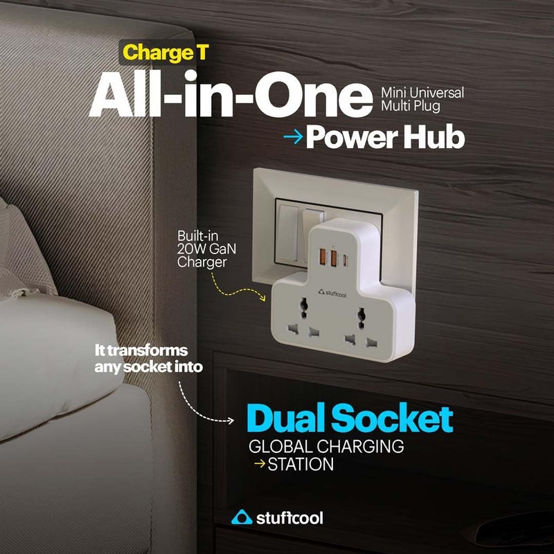 Stuffcool ChargeT 2 AC Universal Socket with Built in 20W GaN Charger, with Surge Protection for Type C Ports, Made in India, with 3 PIN Plug, Works with 6A Plugs, Without Blocking Adjacent Plugs - Image 3