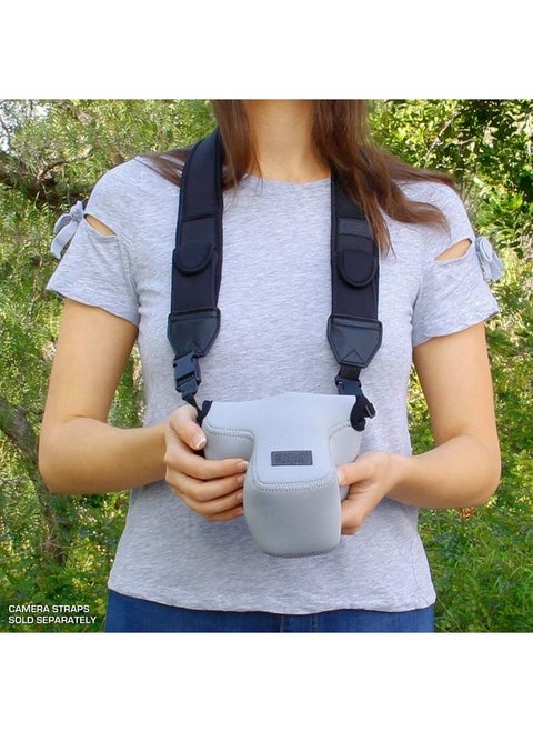 DSLR Camera Sleeve with Neoprene Protection, Holster Belt Loop and Accessory Storage - Compatible with Canon EOS Rebel T7, 850D, 250D, SL3, R7, Nikon D3500, D5600, and More (Gray)