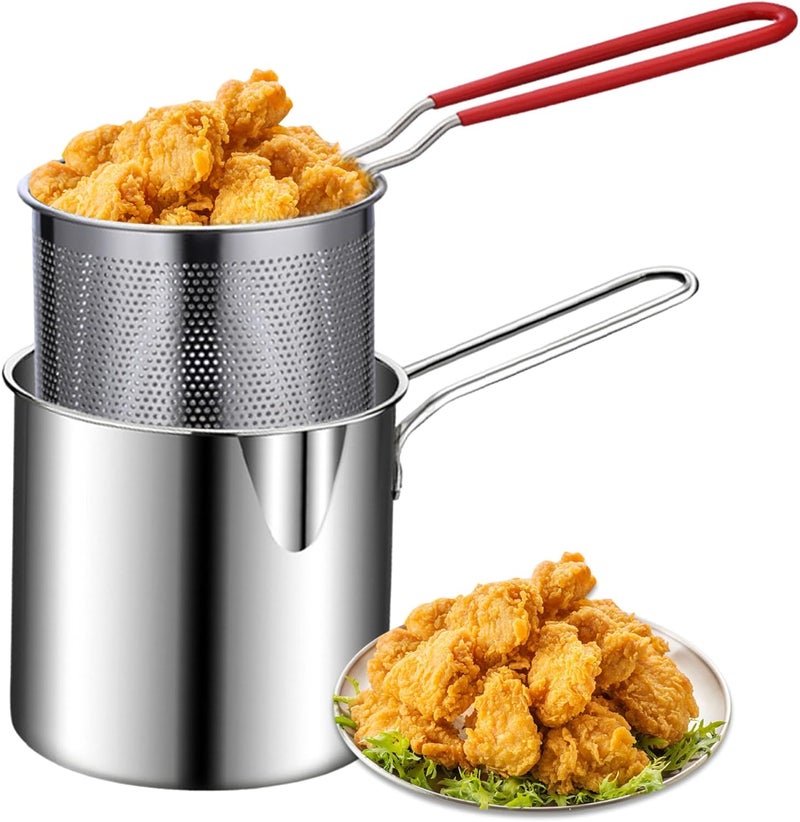 Azonee Multifunctional Fryer Pot With Basket, 2Pcs/Set Stainless Steel Chip Pan With Handle, Oil Strainer Pot for French Fries Chicken Wings - Image 1