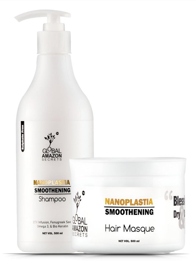 Global Amazon Secrets Nanoplastia Hair Care Set, Smoothening Shampoo and Hair Masque, 500ml Each, with BTX Infusion (2count)